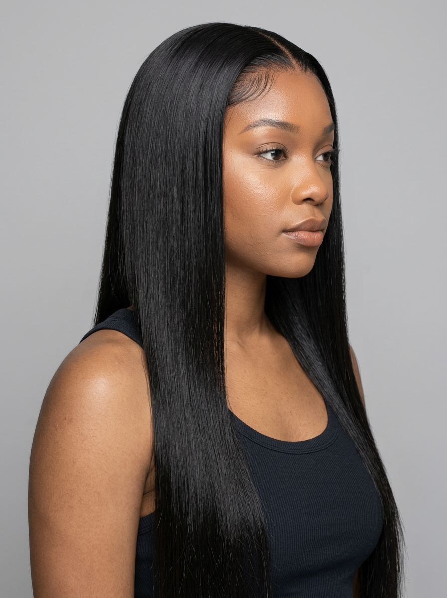 Silky Straight wig styled on model