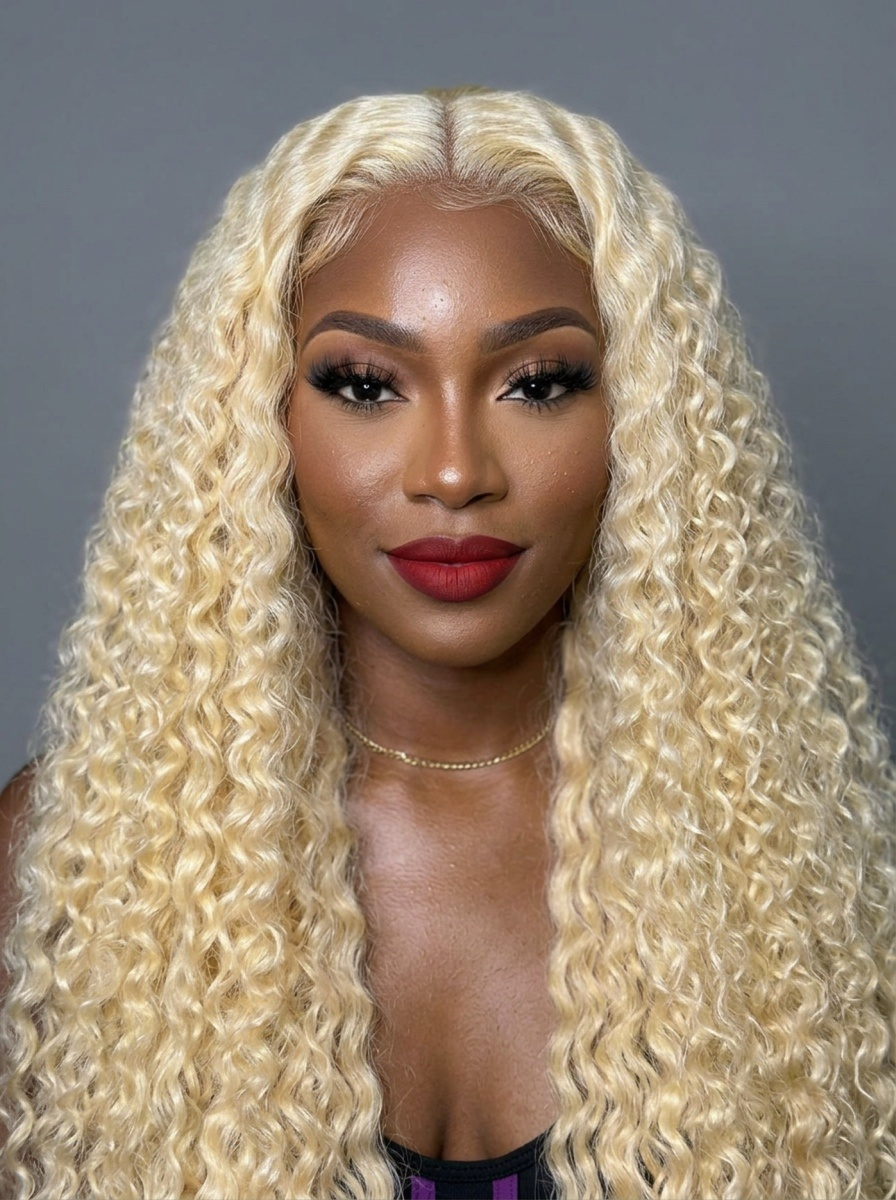 613 Water Curly wig styled on model