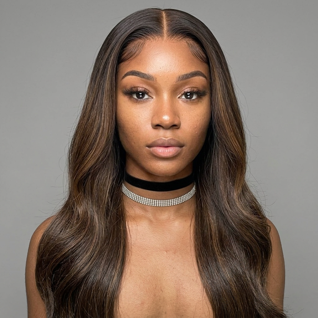Chocolate Body Wave wig styled on model