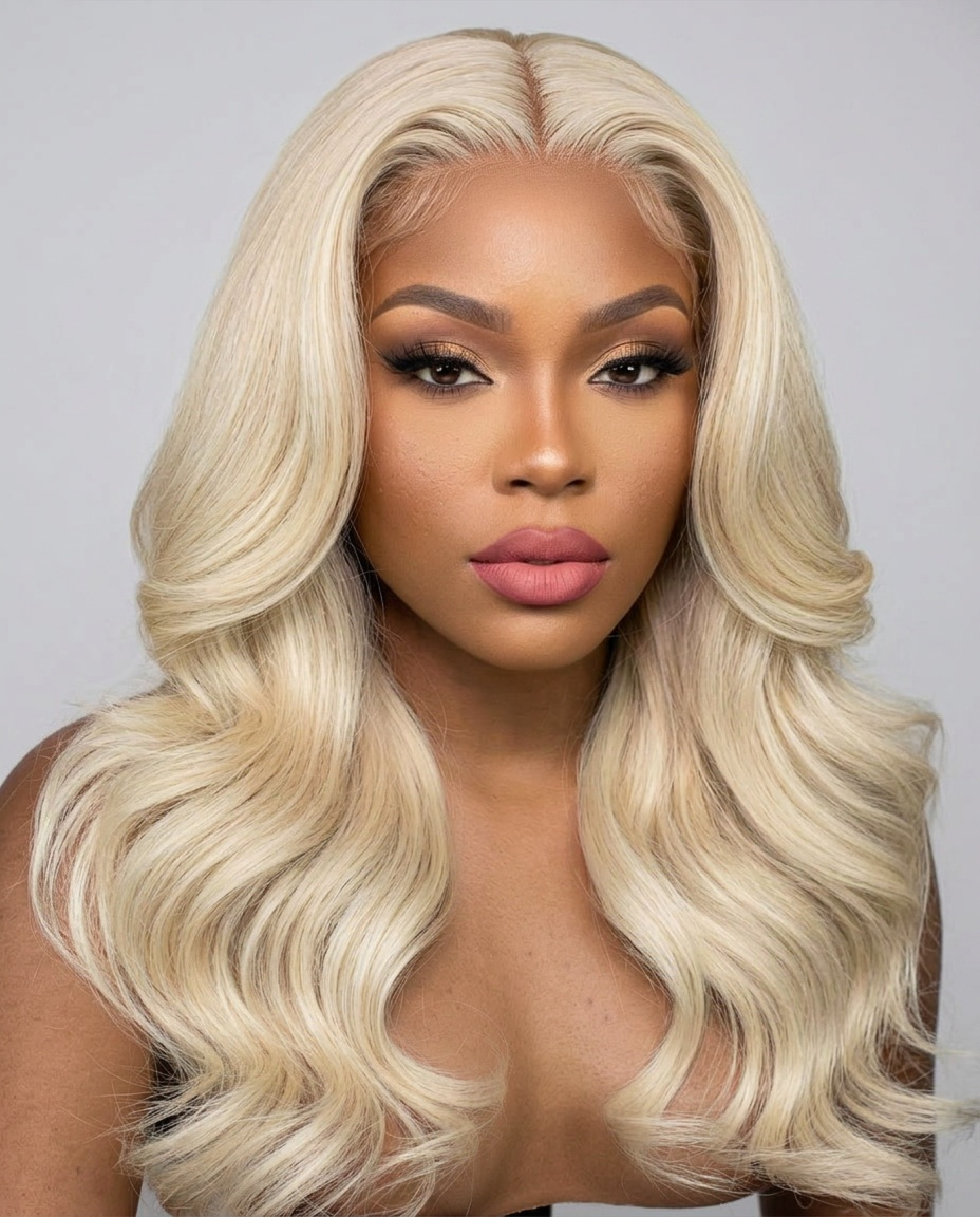 613 Body Wave wig styled on model